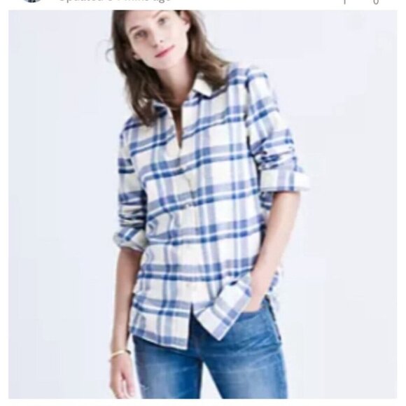 Madewell Size Small Ivory Blue Plaid Button Up Long Sleeve Flannel Shirt Classic - Picture 1 of 12